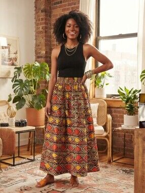 Lapogee African Wax Print Maxi Skirt Geometric Ankara Print Boho Full Skirt OS